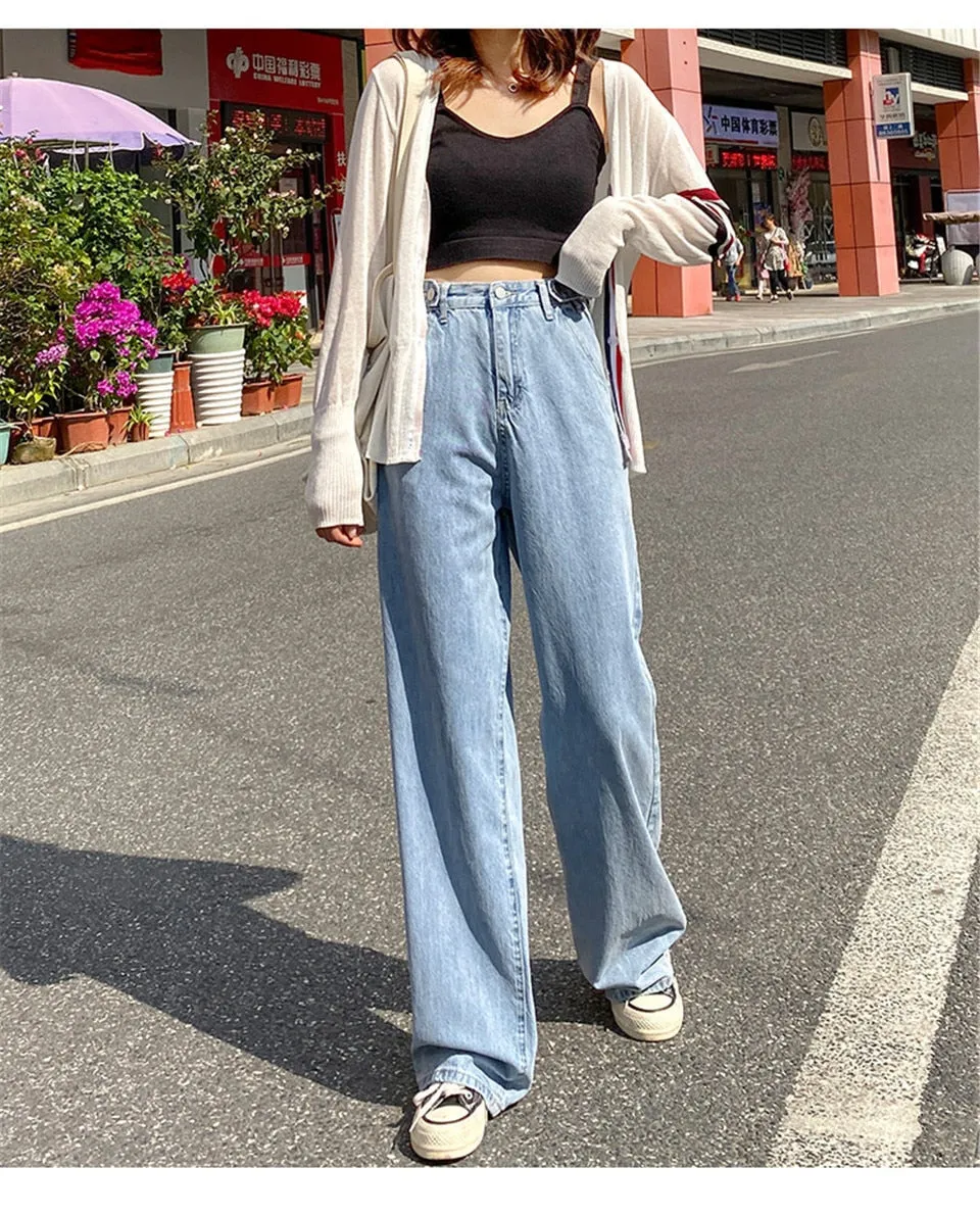 Women High Waist Denim Pants Wide Leg Blue Jeans - WJN0007