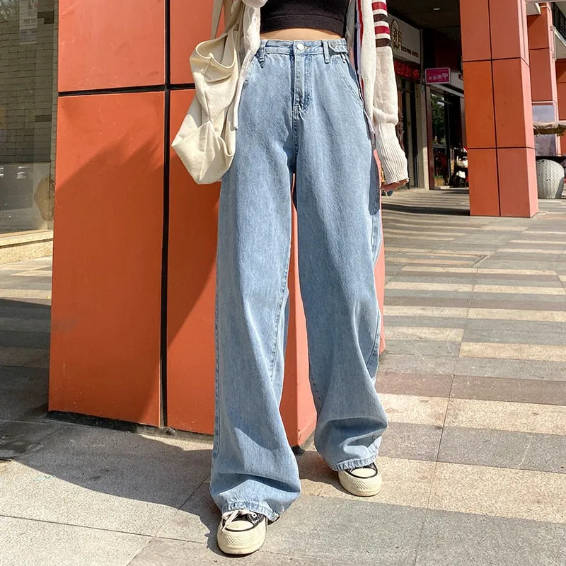 Women High Waist Denim Pants Wide Leg Blue Jeans - WJN0007