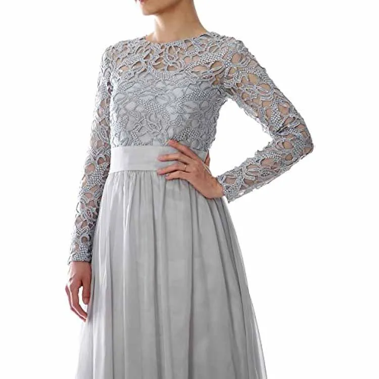 Women Lace Bridesmaid Dress Formal Party Evening Gown Long Sleeve Mother of Bride Dress