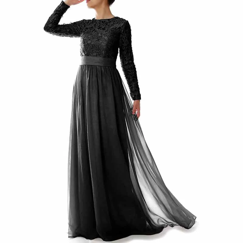 Women Lace Bridesmaid Dress Formal Party Evening Gown Long Sleeve Mother of Bride Dress