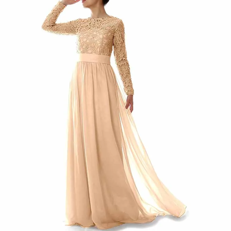 Women Lace Bridesmaid Dress Formal Party Evening Gown Long Sleeve Mother of Bride Dress