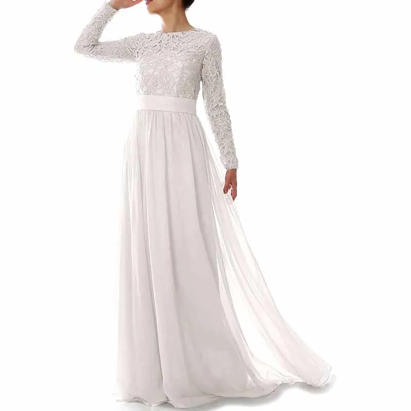 Women Lace Bridesmaid Dress Formal Party Evening Gown Long Sleeve Mother of Bride Dress