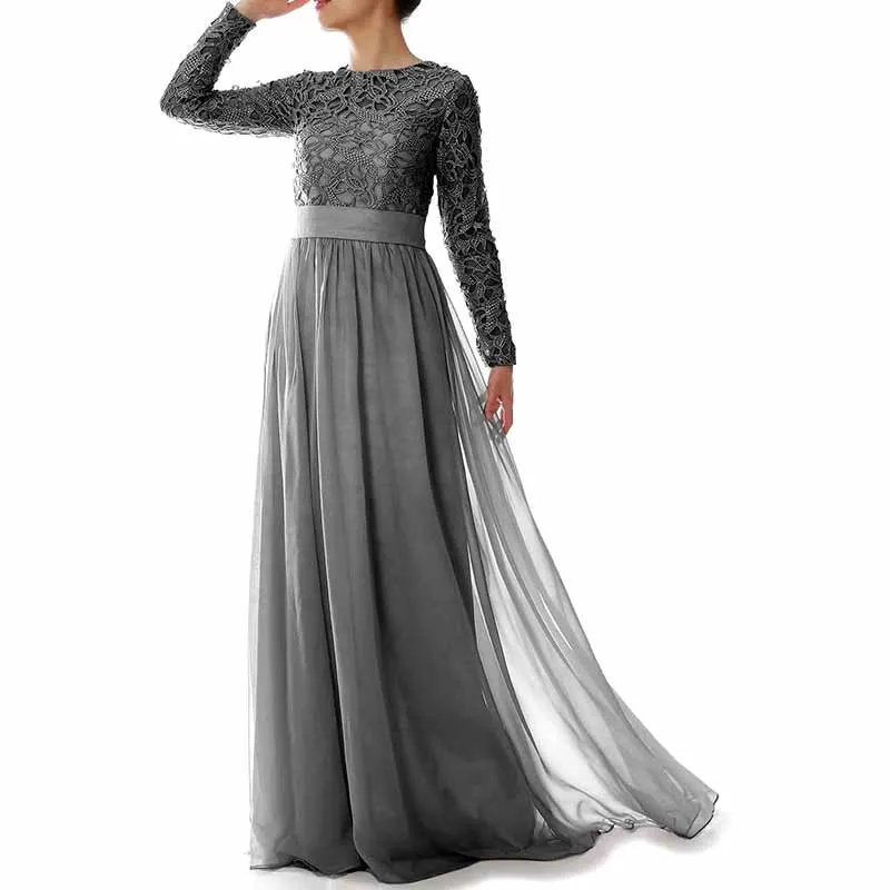 Women Lace Bridesmaid Dress Formal Party Evening Gown Long Sleeve Mother of Bride Dress