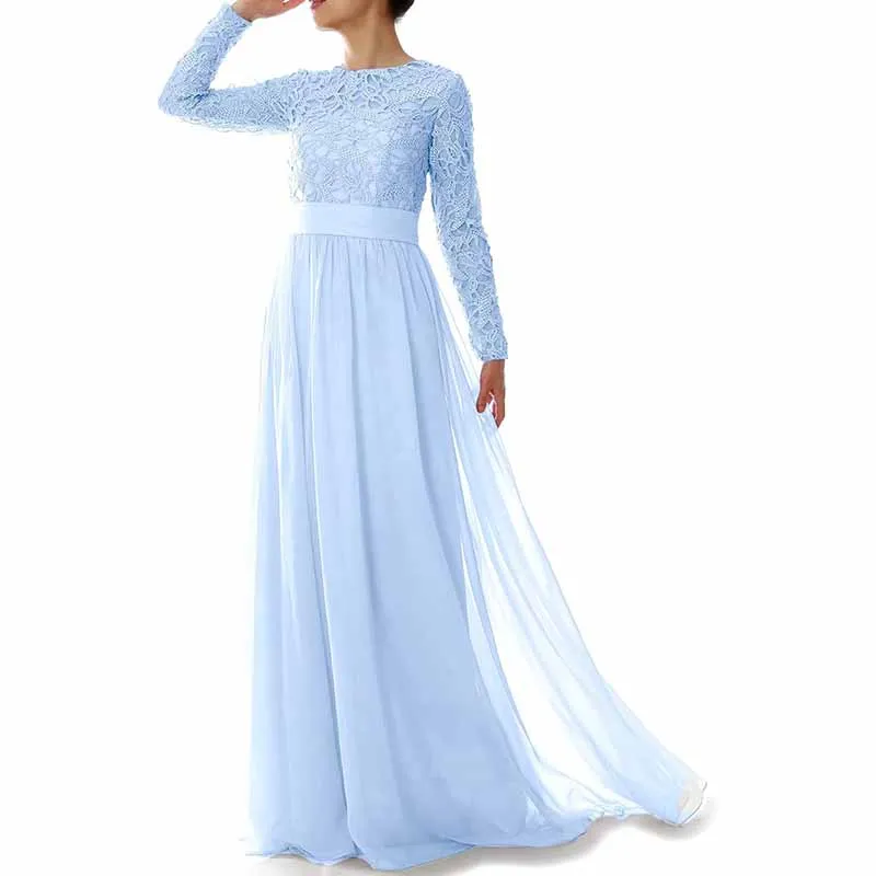 Women Lace Bridesmaid Dress Formal Party Evening Gown Long Sleeve Mother of Bride Dress