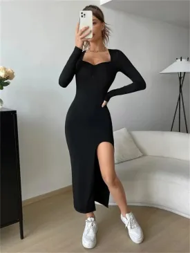 Women Long Sleeve Dress Solid Color Sweet Square Neck Stylish Side Split Tight-Fitting Party Bodycon Dress