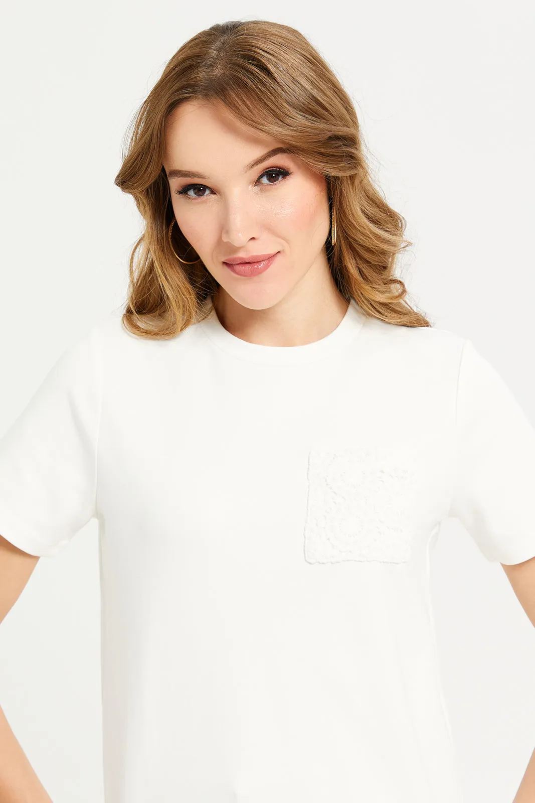 Women White Embroidered Pocket T-Shirt