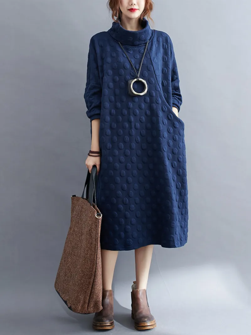 Women's  Polka Dot High Collar Mid-Length Shirt Dress