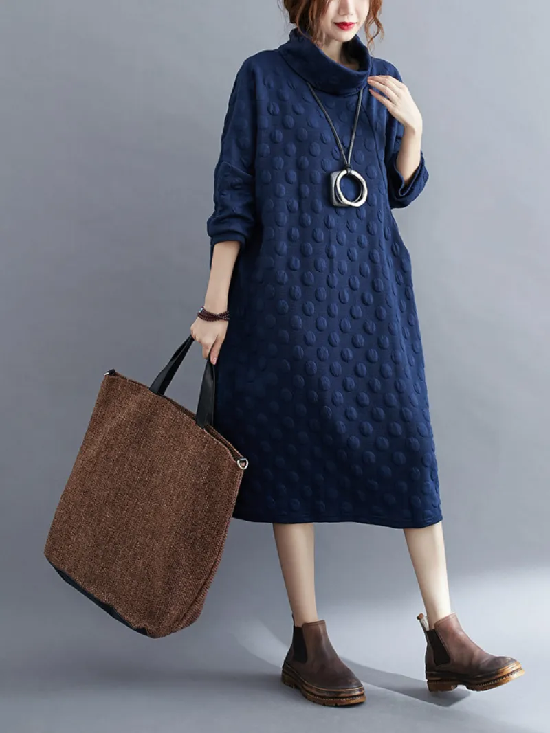 Women's  Polka Dot High Collar Mid-Length Shirt Dress