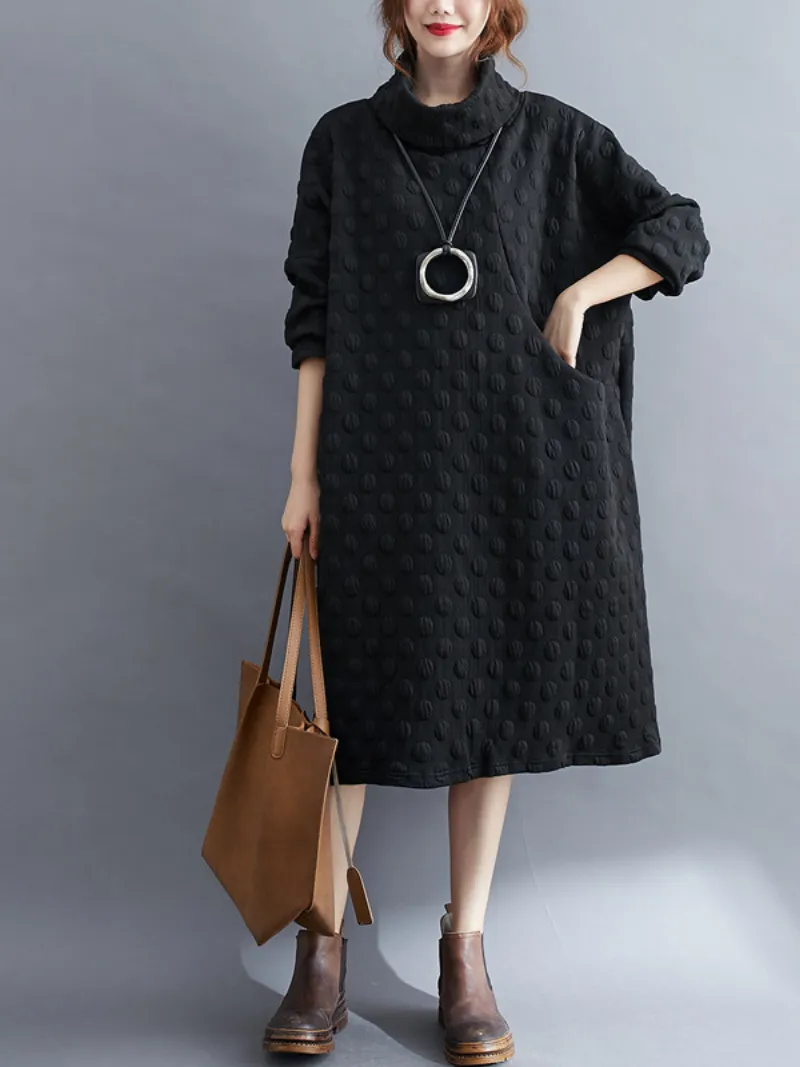 Women's  Polka Dot High Collar Mid-Length Shirt Dress