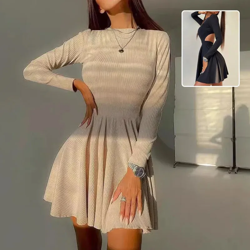 Y2K Long-sleeved Party Club Dress Solid Color Round Neck A-line Mini Skater Dress